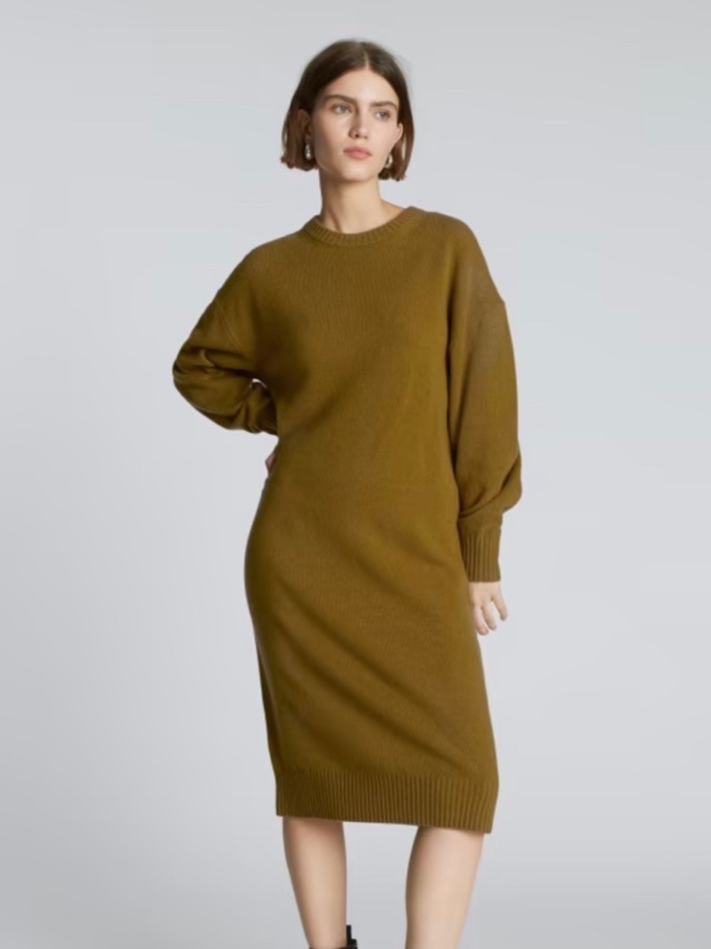 Everlane Cashmere Midi Crewneck Sweater Dress Mustard Green XS